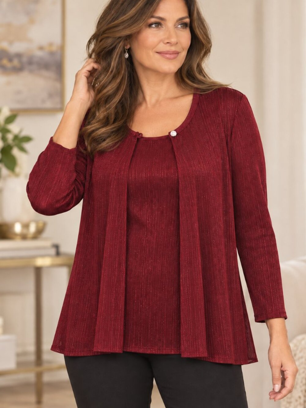 Jaclyn Smith Burgundy Shimmer Layered Top Blouse XL NWT